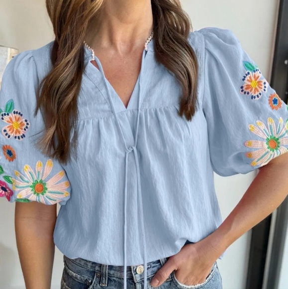 Embroidered Tie Neck Short Sleeve Blouse - Picture 1 of 3